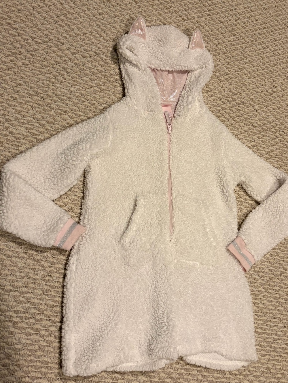 Girls L 10-12 White Pink Soft Long Sleeve Sherpa Zip Up Shorts Romper Sleepwear
